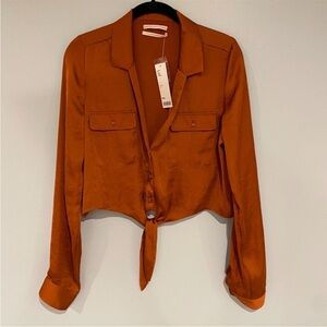 Terra Cotta Silk/Satin Cropped Button Up